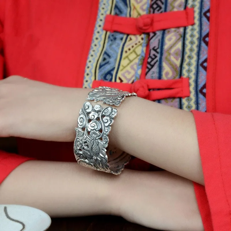 New hollow pattern floating bracelet, 999 women's model, vintage wide version old silver jewelry