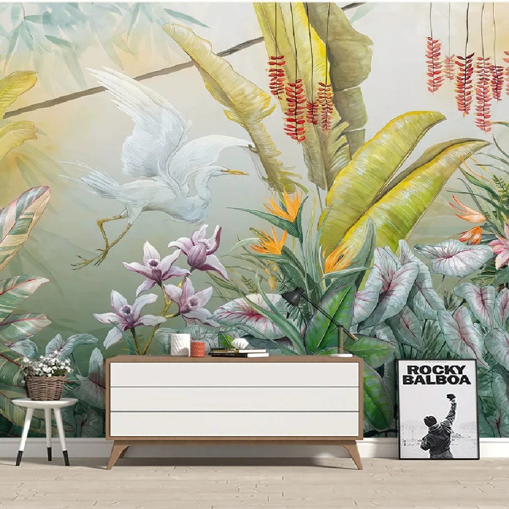 Customized wallpaper hand-painted Nordic hand-painted tropical rainforest bird entrance hotel bedroom background wall decoration