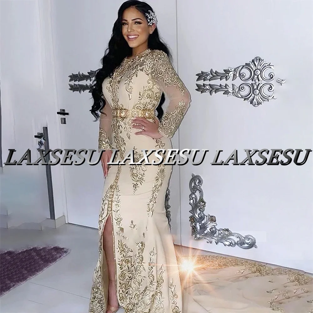 Laxsesu Mermaid Morocco Caftan Evening Dresses Saudi Arabic Abaya Long Sleeves Prom Dress 2022 Lace Dubai Bride Gown