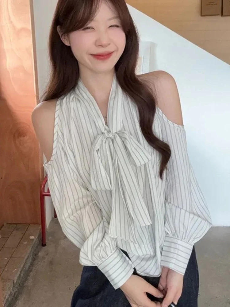 

Sexy Off Shoulder Striped Shirts Women Loose Lace Up Elegant Long Sleeve Blouse Korean Casual Sweet Fall Female Design Bow Tops