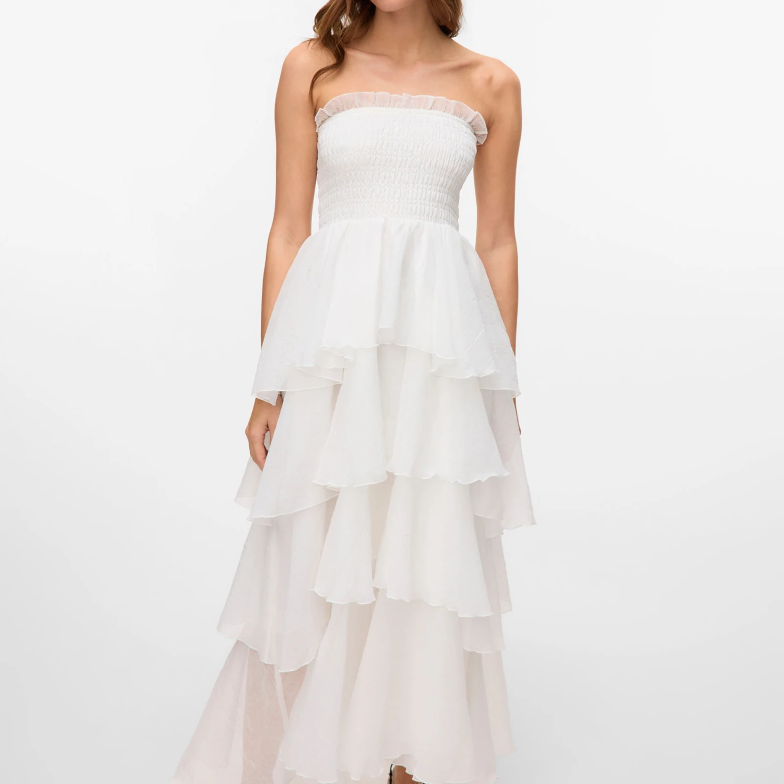 Combhasaki Abito lungo da donna elegante con volant increspato senza spalline a strati senza schienale a strati tinta unita estivo trasparente a trapezio