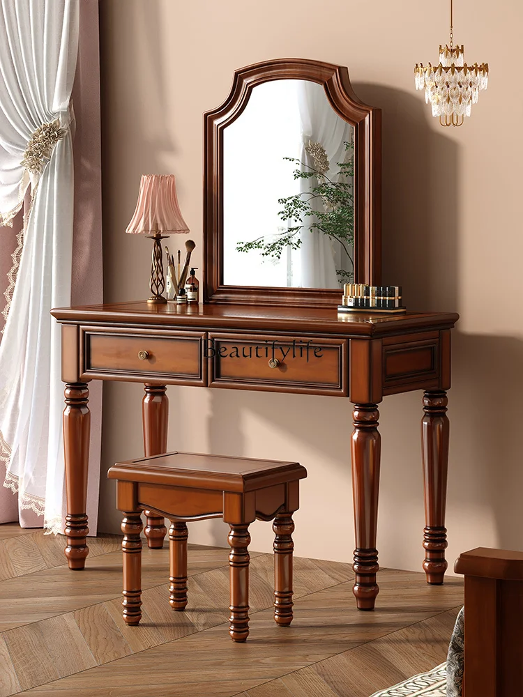 

6American retro solid wood dresser walnut makeup table with stool