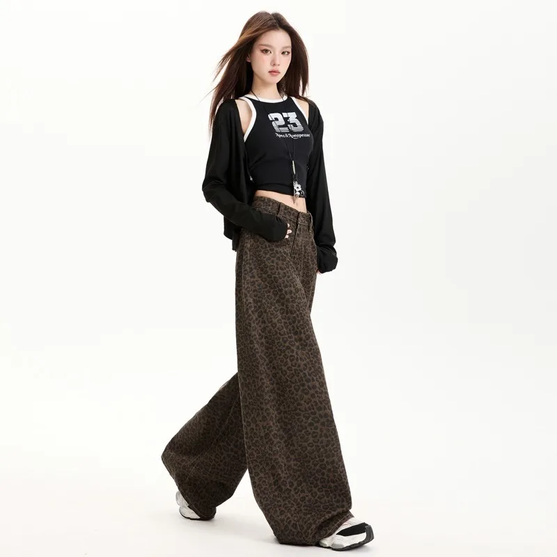 

Women's Spring Autumn Leopard Print High Waisted Wide Leg Jeans, Stylish Loose Flare Denim Pants for Streetwear Fashion Girls