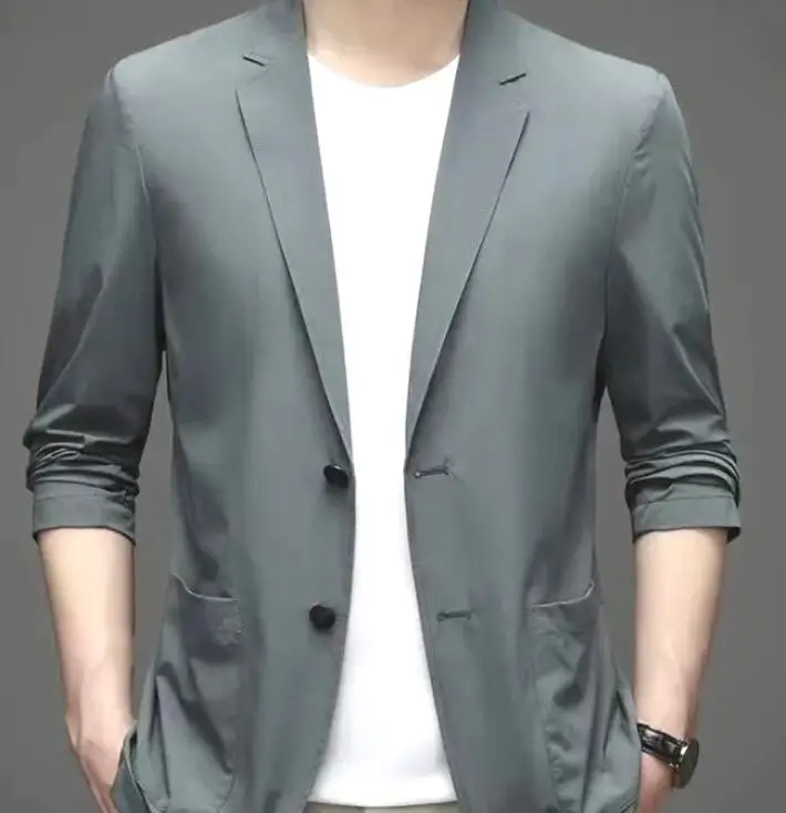 

Summer Gray Color Men's Long Sleeve Suits Blazer one Buttons Male Cotton Blend Blazers Coat