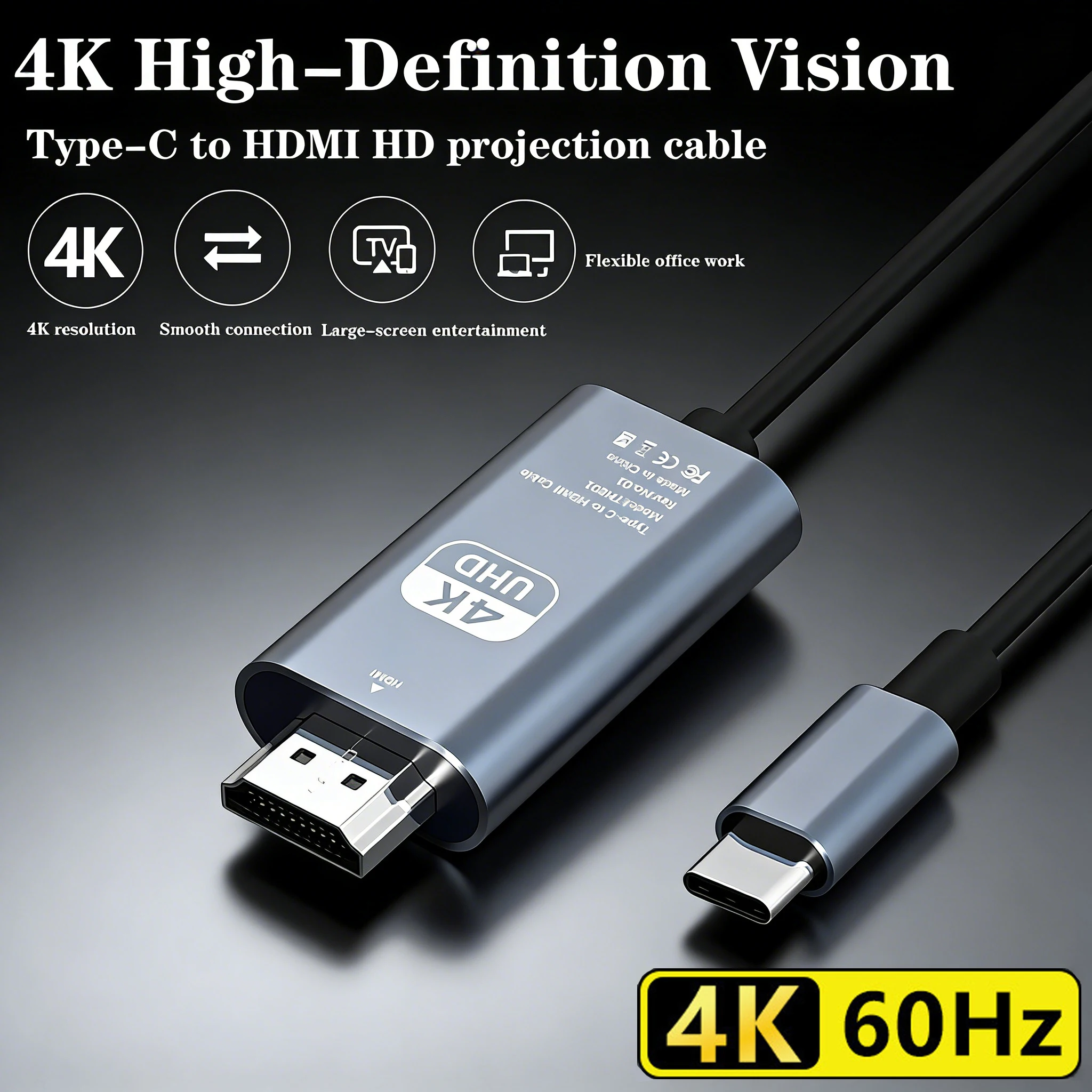 4K USB-C to HDMI 60HZ Cable 2M, Type C to HDTV Cord for Phone Screen Mirroring Display Wire for TV/Monitor/Projector Video Cable