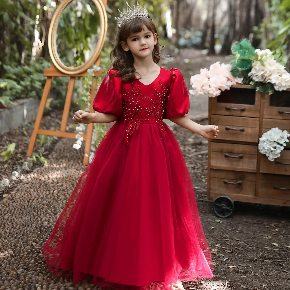 Flower Girl Dress Christmas Kids Princess Girls Lace Bridesmaid Party Wedding Children Clothing 8 12 14 Years