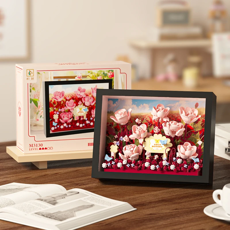 MOC Creatieve Bloemen 3D Frame Bouwstenen Set, DIY Bloemenpuzzel met Achterwand, Wand- & Bureaudecoratie Cadeau voor Meisjes & Kinderen