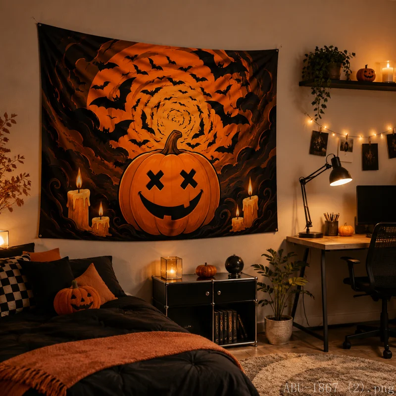 VIKAMA Spooky Halloween Pumpkin Tapestry Cross Eyes Tongue Bat Cornfield Full Moon Wall Hanging Bedroom Dorm Party Decor Cloth