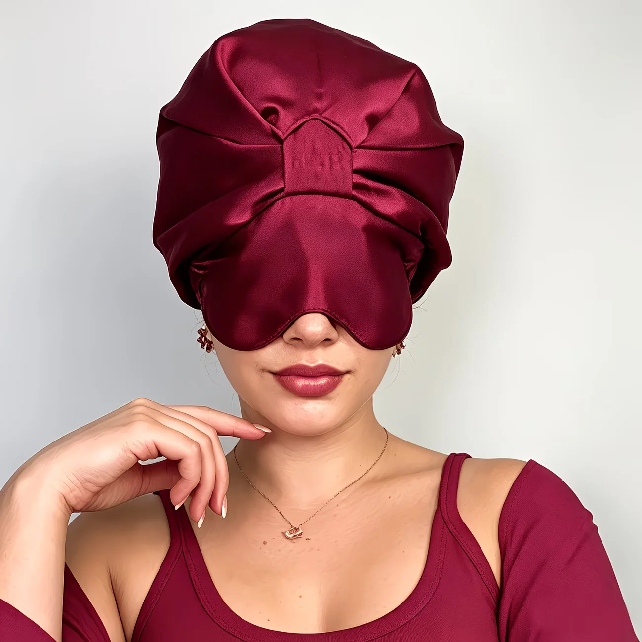 Double Layer Satin Bonnet with Eye Mask Adjustable Silk Sleep Cap Turban Style Hair Wrap for Curly Hair Black