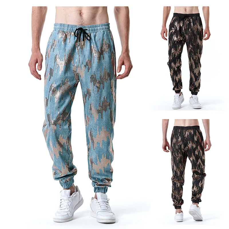 Men's Pants Metal Sparkling Nightclub Bar Leisure Stage Clothing Slim Fit Elastic Sequin Fashion Pattern Performance Clothing