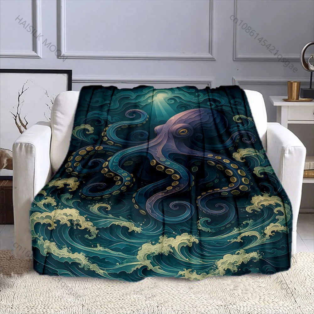 1PC Giant octopus waves light beam Print Blanket Flannel Material Soft Warm for All Seasons Home Outdoor Camping Picnics RV