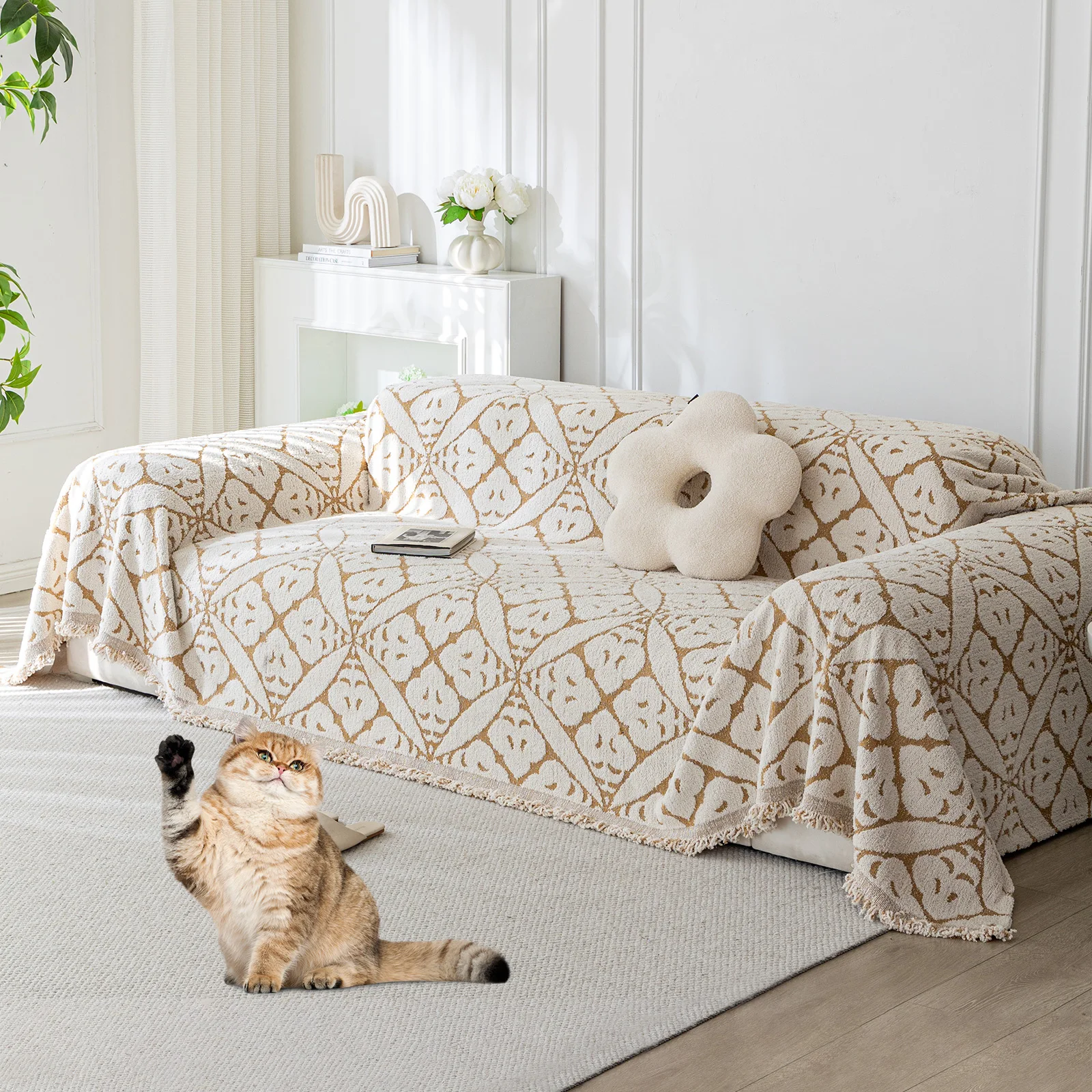 Boho Couch Cover Sofa Couch Cover for Dog Cat Soft Chenille Slipcover Sectional Couch Cover for 3 Cushion Couch Sofa