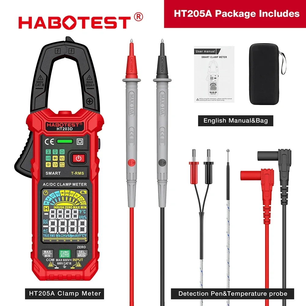 HABOTEST HT203D Digital Clamp Meter Multimeter AC Current and AC/DC Voltage Tester with Amp Ohm Continuity Hz Tester Voltmer