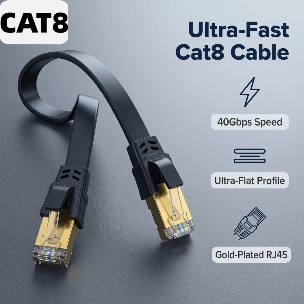 0.5-30M Cat8 Flat Ethernet Cable RJ45 40Gbps Copper Core LAN Network Patch Cord for Router Computer Gaming - Flat Design