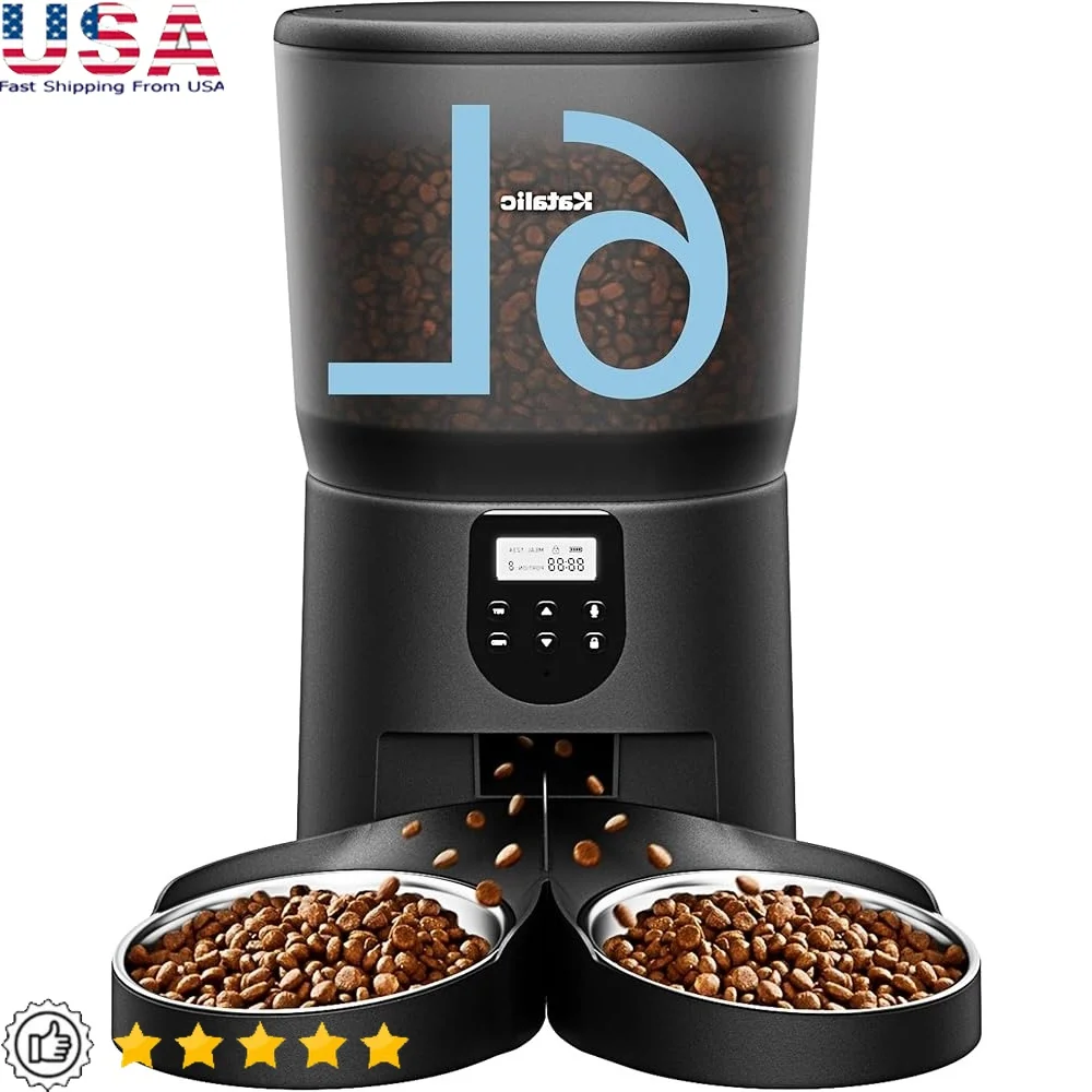 

Automatic Cat Feeder 2 Cats 6L Food Dispenser with Stainless Steel Bowls Meal Call Timer Backup Power Clog-Free Control