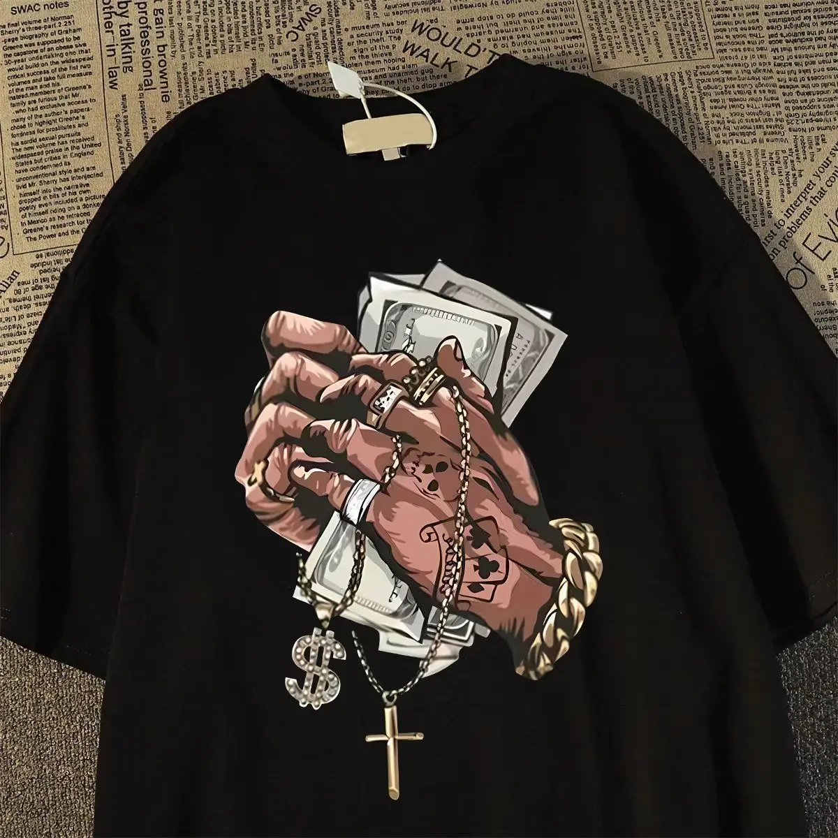 

New Heavyweight Cotton Short-Sleeve T-Shirt - American-Style Men's Versatile Loose Money Necklace Hip-Hop Tee-Unisex