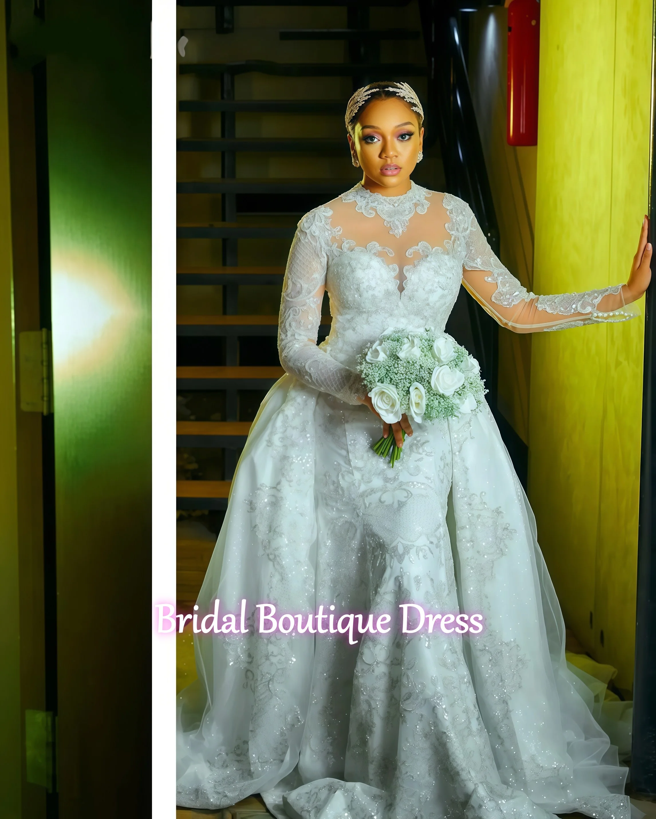 Angepasst Exquisite Abnehmbare Afrikanische Brautkleider Meerjungfrau Mit Langen Ärmeln Spitze Perlen Aso Ebi Brautkleider Vestido De Novia