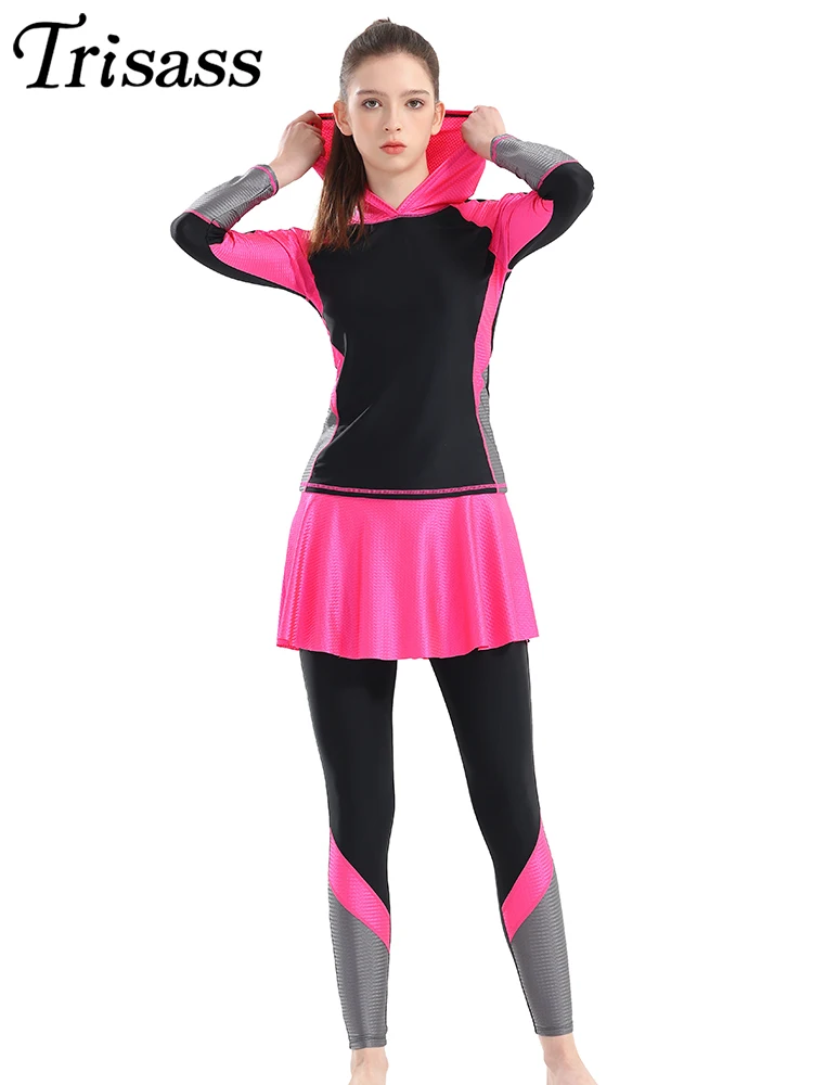 Trisass 2024 Two Piece Skirt Tankini Women Swimsuit Plus Size Long Sleeve With Cap Bodysuit Long Pants Bathing suit Rash Guards