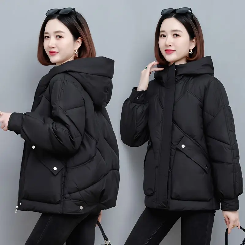 

2023 New Women Down Cotton Coat Winter Jacket Female Without Fur Collar Parkas Thickened Short Outwear Loose Overcoat