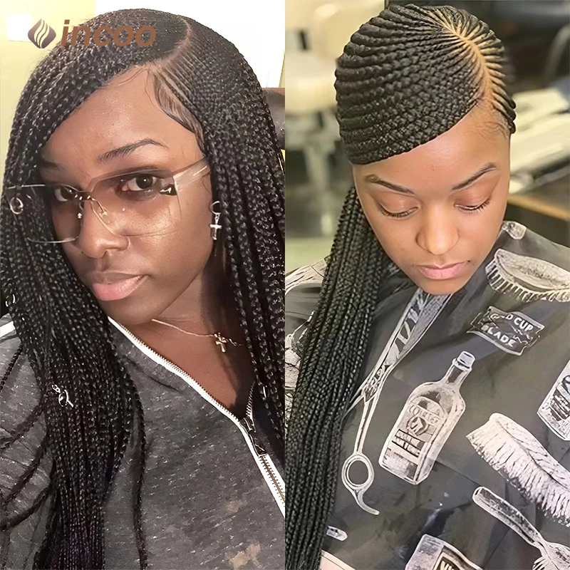 Pelucas trenzadas sintéticas para mujeres negras, peluca de cabello con trenzas de 36 ", peluca trenzada de hilera de maíz de encaje completo, parte lateral, caja de cabello trenzado