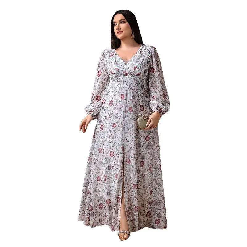 Ele talla grande gasa Dr Faionable estampado vestido de noche largo linterna Sve planta Floral fibra de poliéster primavera 2025