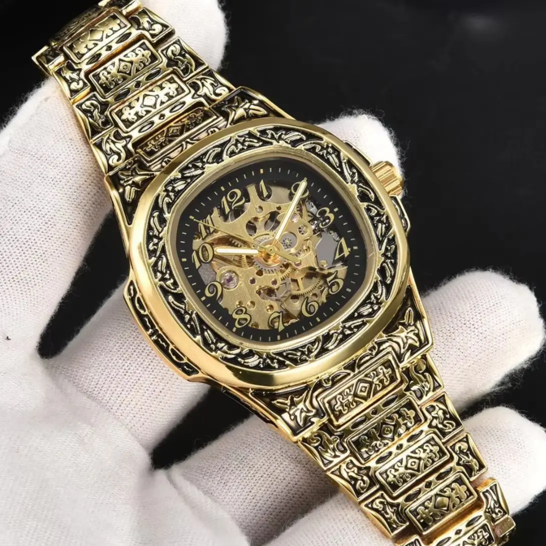 【Retro National Trend】Men's Mechanical Watch with Engraved Hollow Design, Fully Automatic Movement, Waterproof, Luminous, Unique Embossed Craftsmanship, European and American Style Trendy Men's Watch, Hot-Selling Popular Mechanical Wristwatch, Top Choice for Gifts