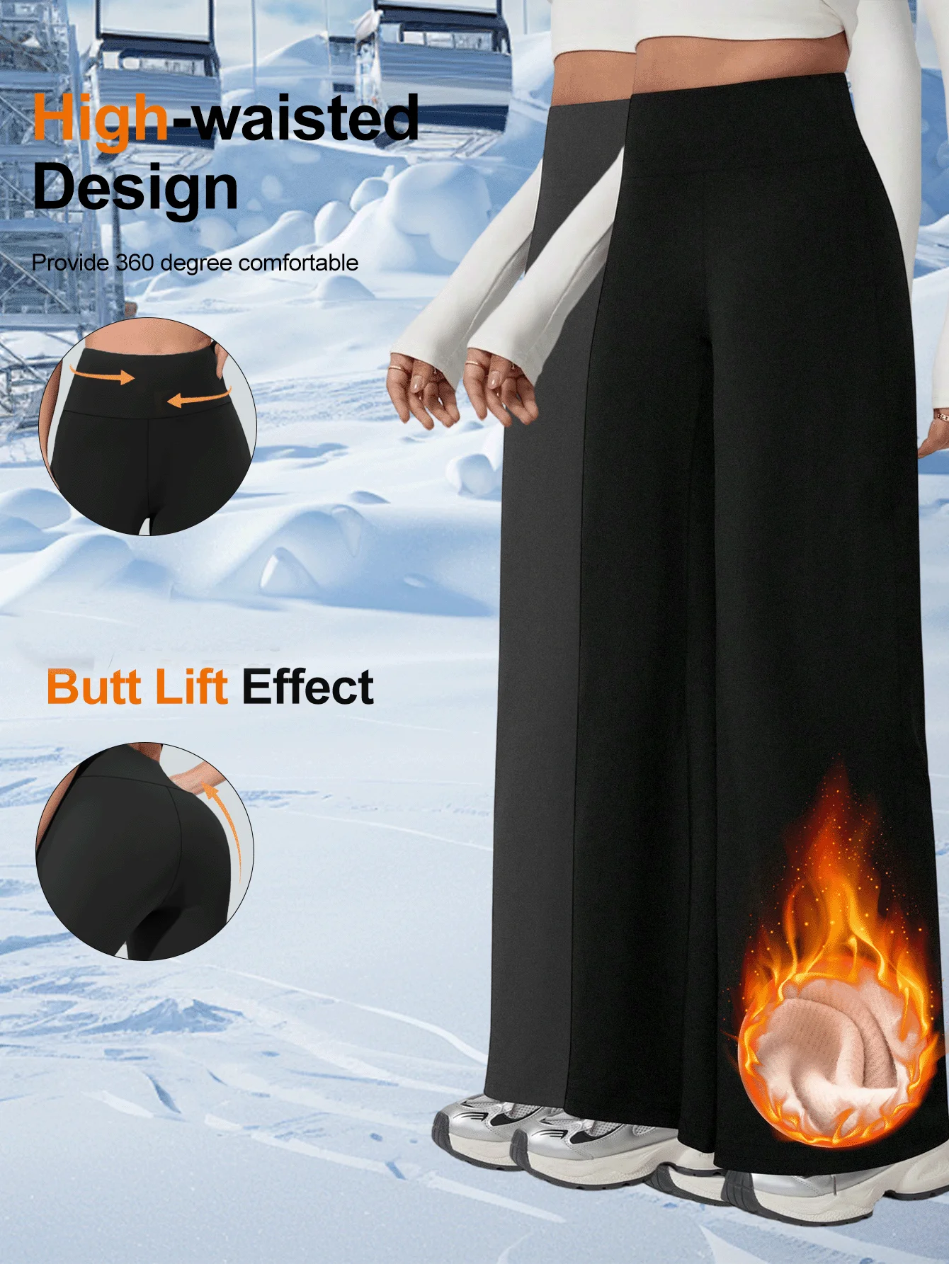 2pcs Winter Women High Waist Warm Fleece Lined Wide Leg Pants, 4 Way Stretch Moisture Wicking Solid Straight Leg Casual Sports T