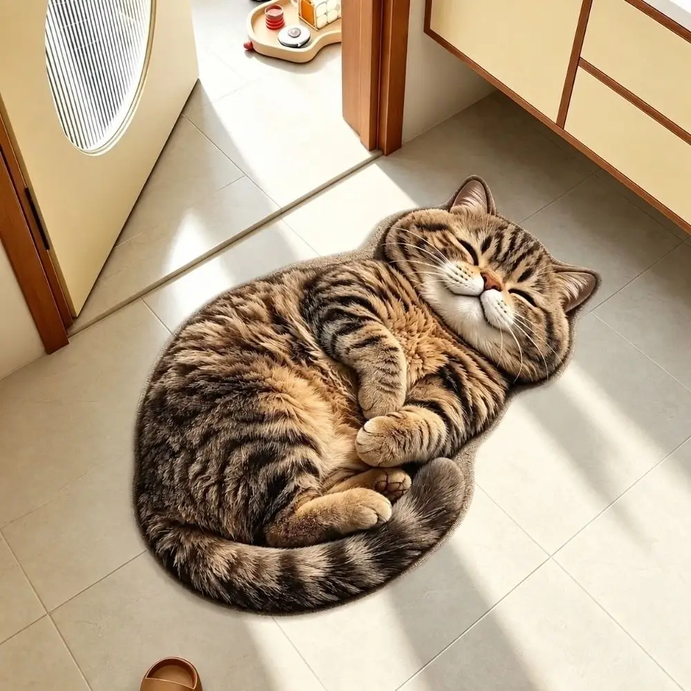 Creative Crystal Velvet Cat-Shaped Area Rug Soft Non-Slip Bathroom Carpet Washable 2D Bedside Door Mat Home Decor