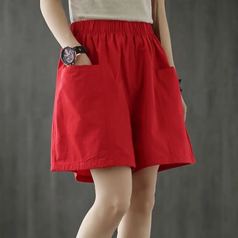 Elegant Fashion Harajuku Slim Fit Female Clothes Casual All Match Wide Leg Pants Solid Pockets High Waist Straight Leg Shorts
