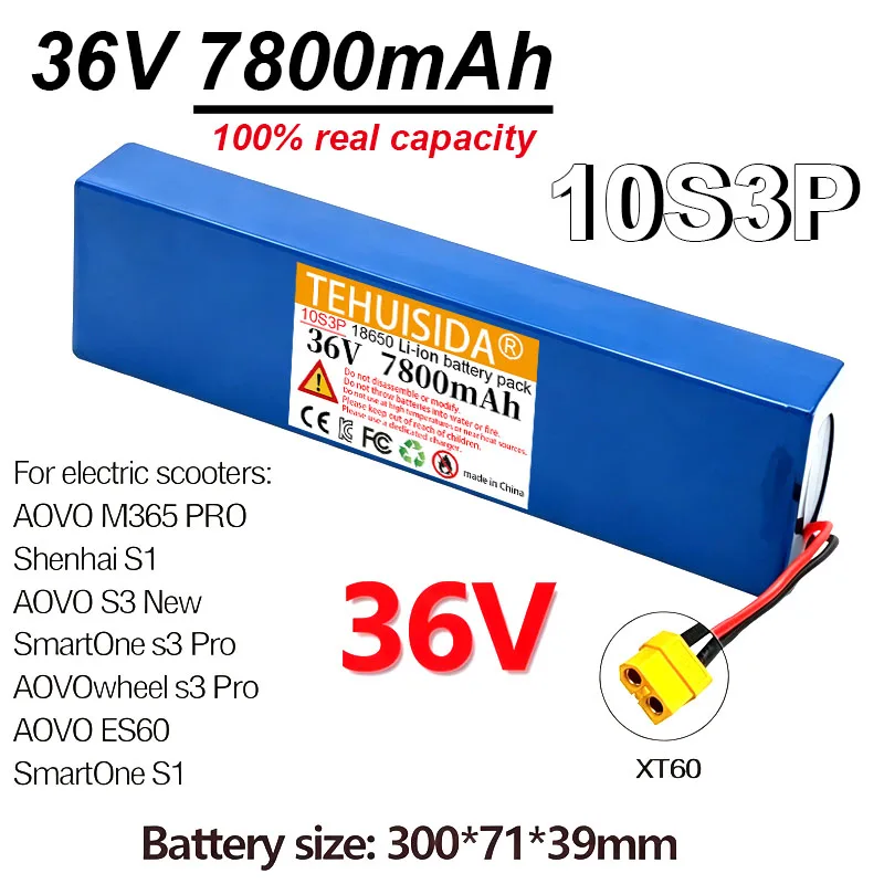 36V 10S3P 7800mAh 18650 Rechargeable Lithium-ion Battery 270W 500W Built-in BMS Suitable for KUGOO S1, S2, S3 Electric Scooters