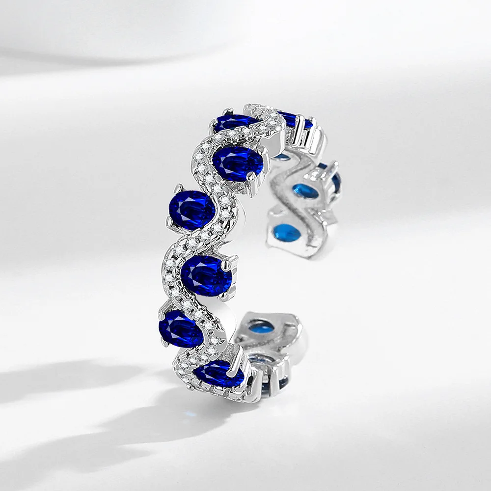 

Fashion Light Luxury Blue Spinel Zircon Inlaid with 925 Sterling Silver Design Wave Pattern Ring Atmospheric High-end Jewelry