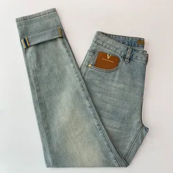 High-end affordable luxury jeans men's summer thin slim fit skinny casual all-match Street trendy retro blue stretch trousers
