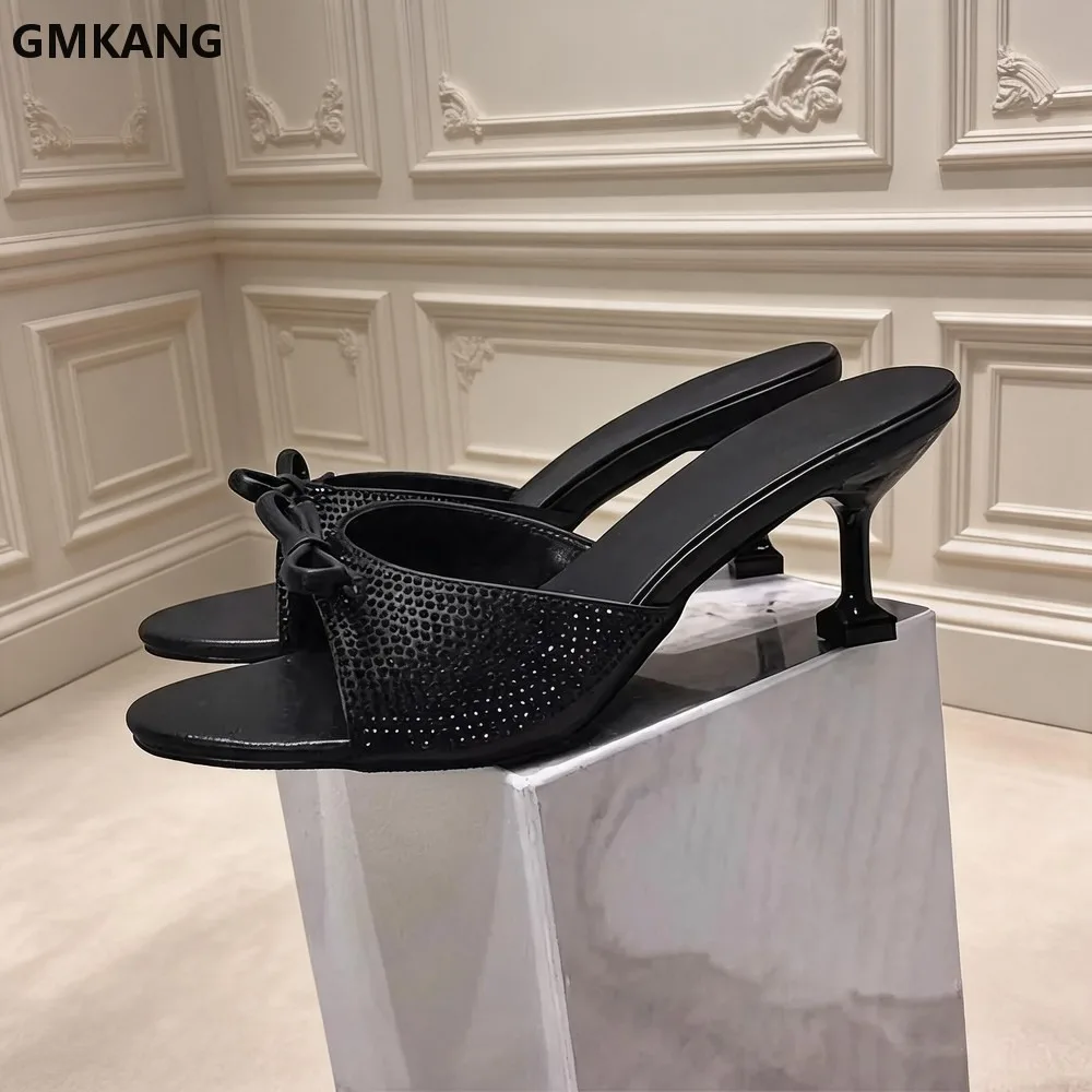 Women's Thin High Heel Slippers Round Toe Stiletto Crystal Studded Butterfly-Knot Slide Party Shoes Comfortable GMKANG