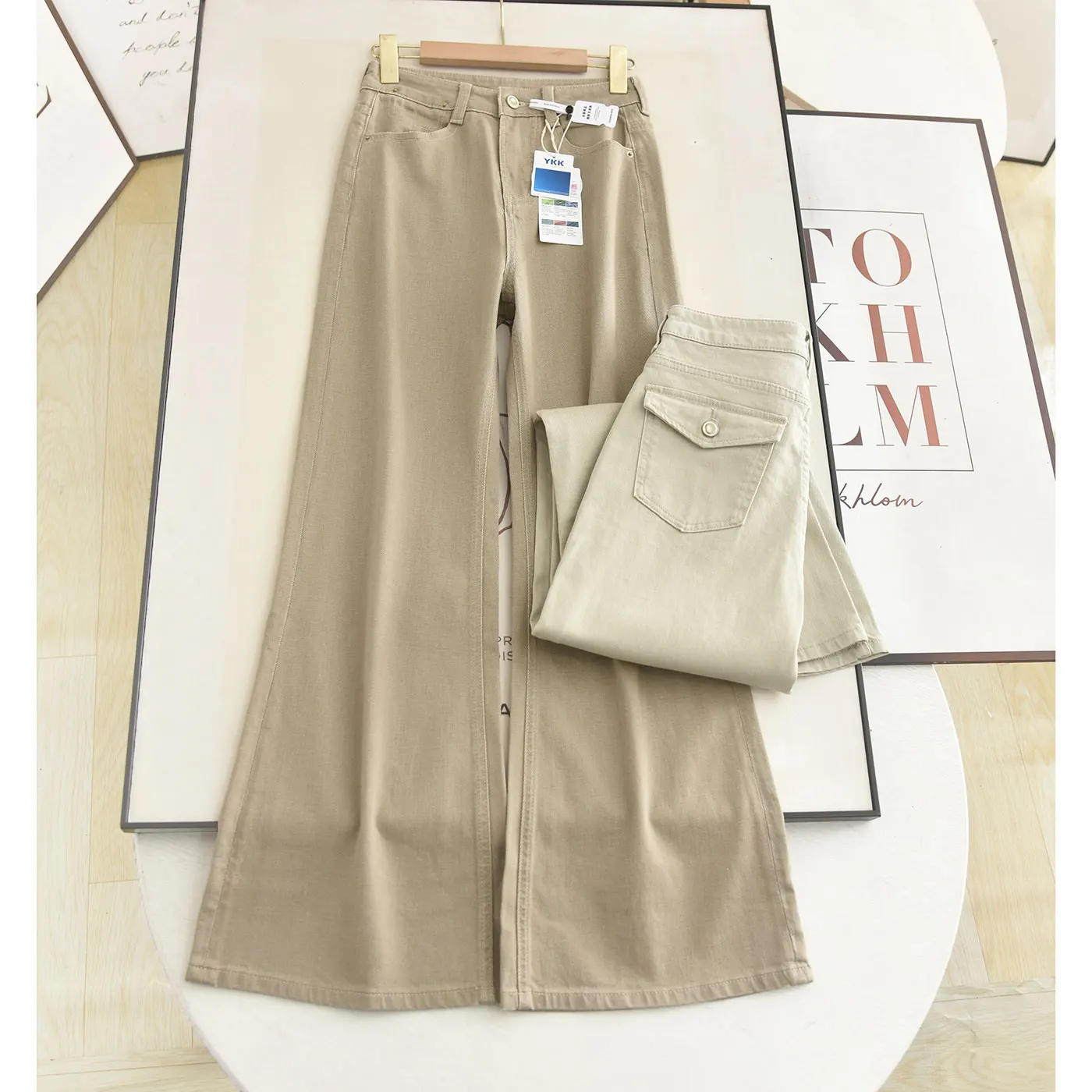 

High Waist Four Way Stretch Denim Pants Women's Wide Leg Bell Bottoms Fixed Dye Milk Tea Color Back Pocket Cover Jeans