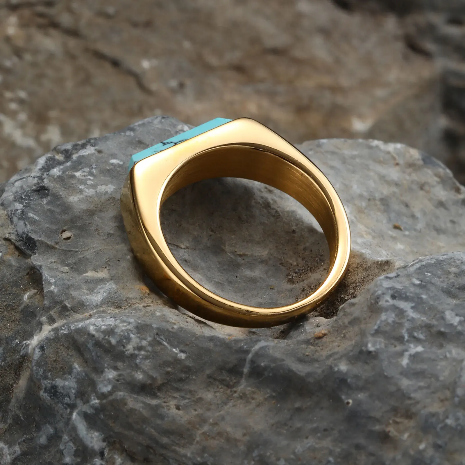 Natural Stone Signet Stainless Steel Ring For Men Women, Unisex Gold Plated Jewelry Dad Boyfriend Valentine\'s Day Gift