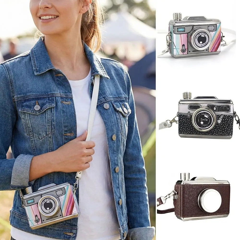 Stainless Steel Camera Hip Flask Camera Design Leak Proof Whiskey Containers Bottle Removable Strap 11OZ 325ML Whiskey Flask