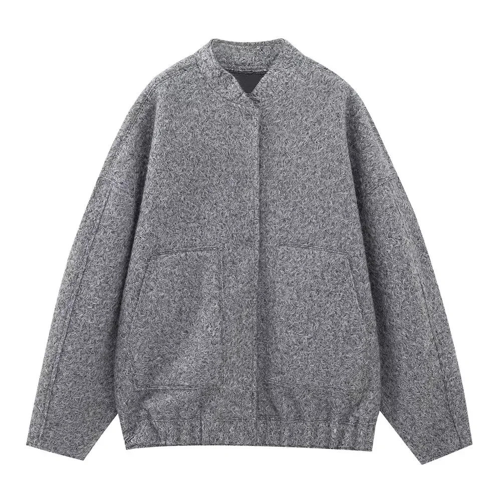 HH Elegante Damen-Bomberjacke mit Elastischem Saum, Einfarbig, mit Taschen, für Winter, Freizeit, Urlaub, Mode, Party, Einreihig, Oversized – Detail 2