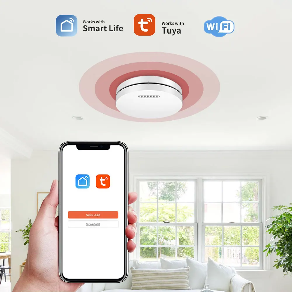 Household Tuya WiFi Smart Wireless Fire Alarm Push Button S m o ke Detector Photoelectric Sensor Dustproof Wall/Ceiling