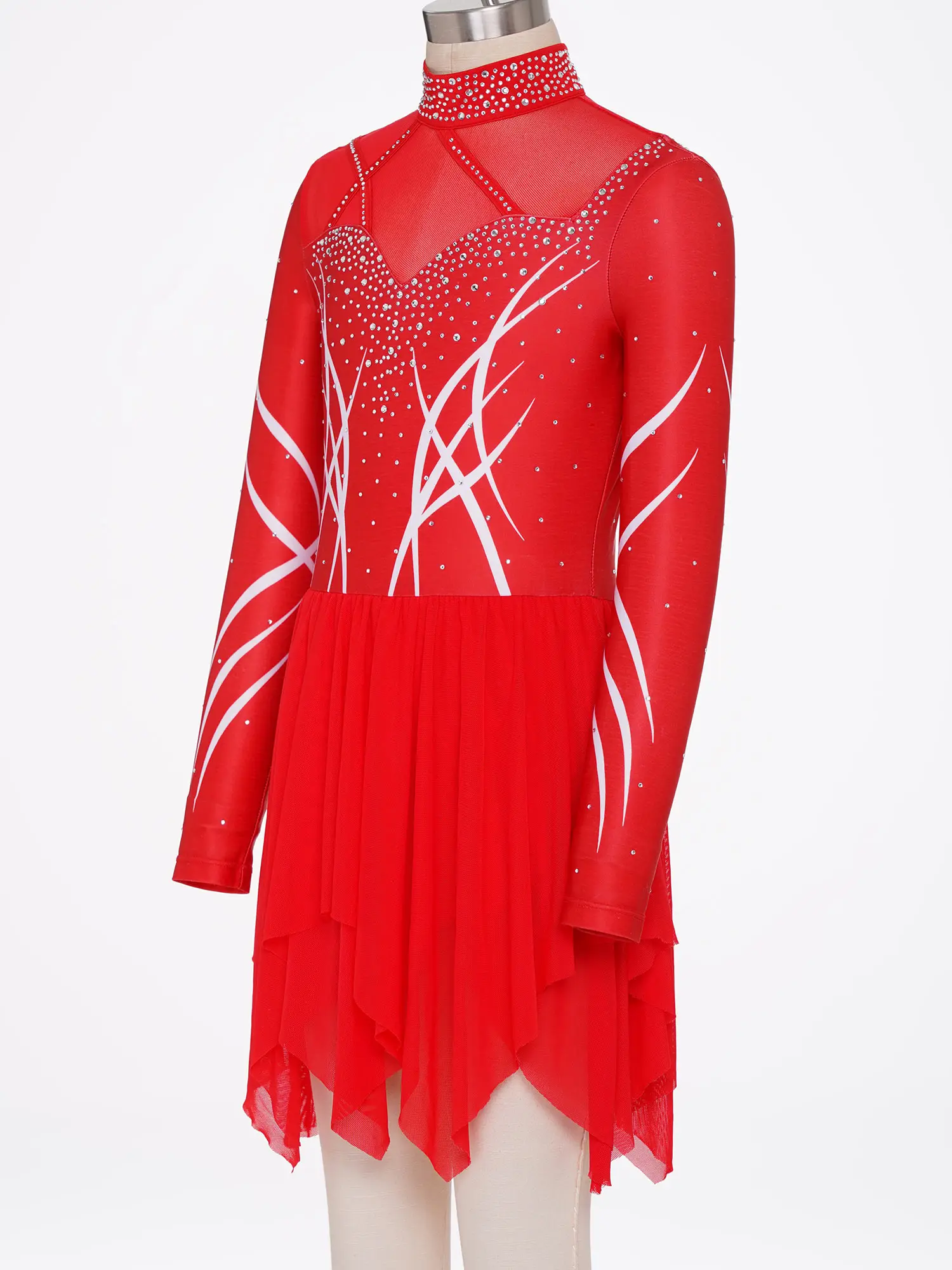 Kids Girls Asymmetrical Shiny Rhinestone Figure Skating Dress Rhythmic Gymnastics Leotard Ballet Dress Teens Ballerina Outfit