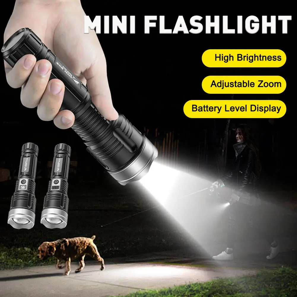 Outdoor Portable High Brightness Flashlight With Telescopic Focus Display Flashlight Shooting Long Emergency Electric Range V4H3