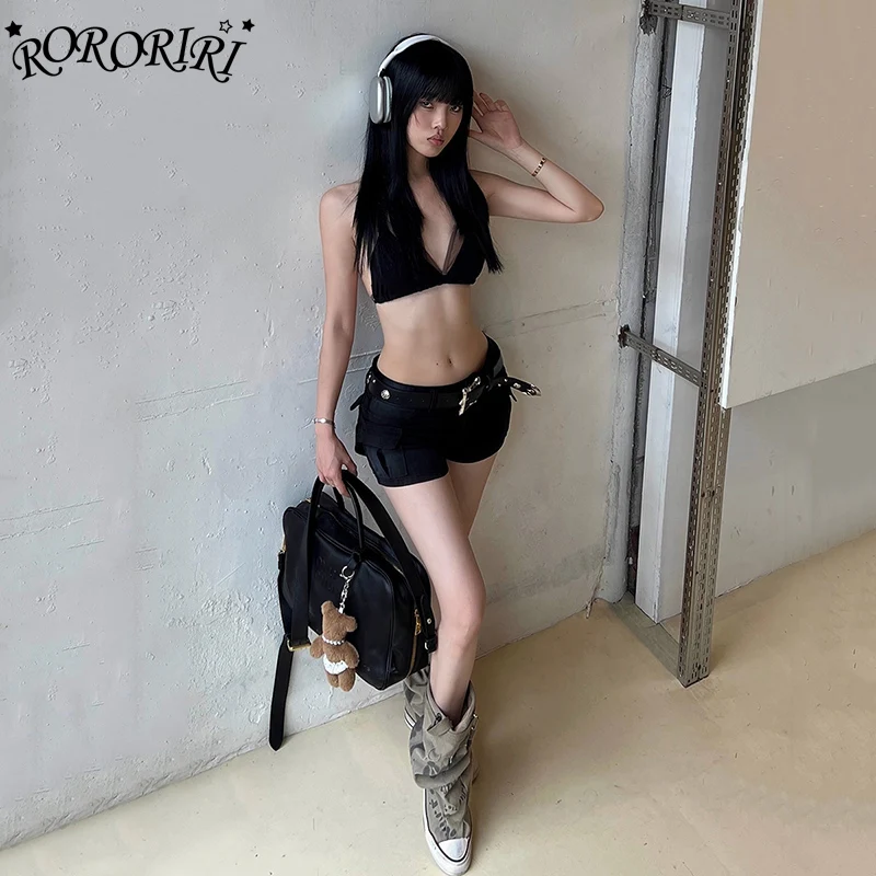 

RORORIRI Leather Belt Denim Cargo Shorts Women High Waist Black Cropped Jeans Patchwork Pockets Bootypants Punk Vintage Clothes