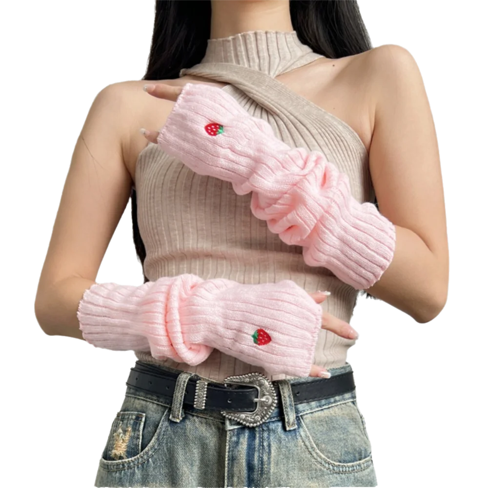 ถุงมือแขนยาวแบบใหม่ ถักลายโบว์ เชอร์รี่ สตรอว์เบอร์รี่ ปักลาย อุ่น ป้องกันความหนาว แบบไม่มีนิ้ว สำหรับฤดูใบไม้ร่วงและฤดูหนาว