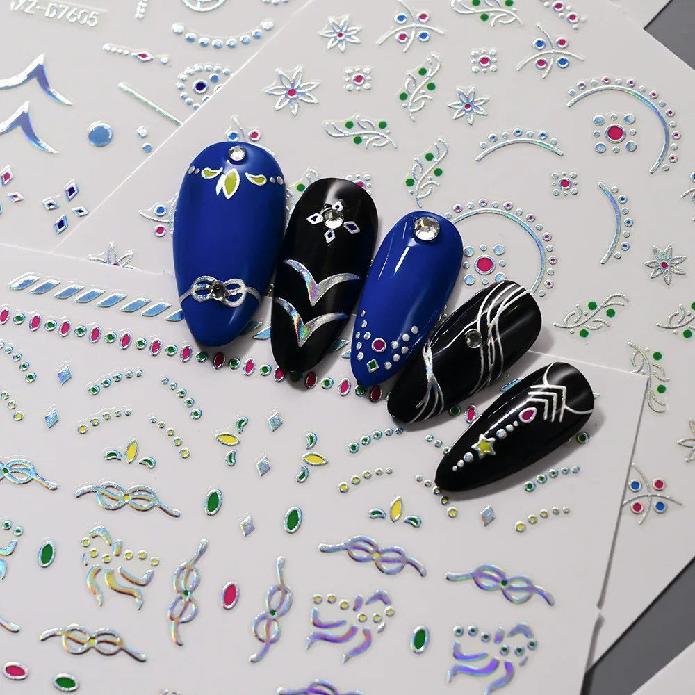 

3D Holographic Laser Silvery Star Chain Nail Stickers Sparkling Aurora French Lines Stripe Geometry Nail Decals Nail Art Accesso