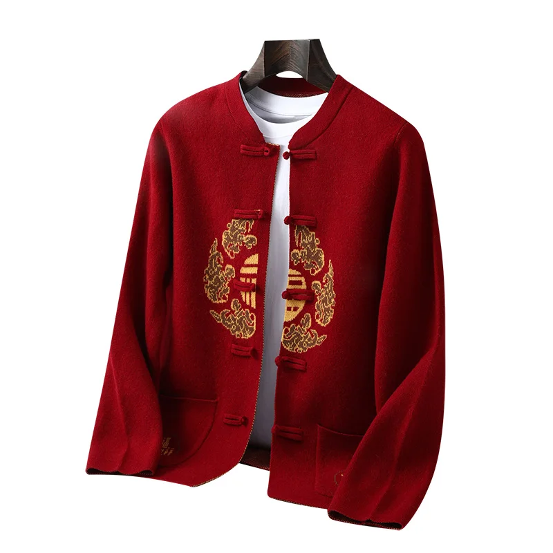 Classic Chinese Jacquard Style Cardigan Pure Australia Wool Sweater Retro button pocket decoration High quality Double-layer Top