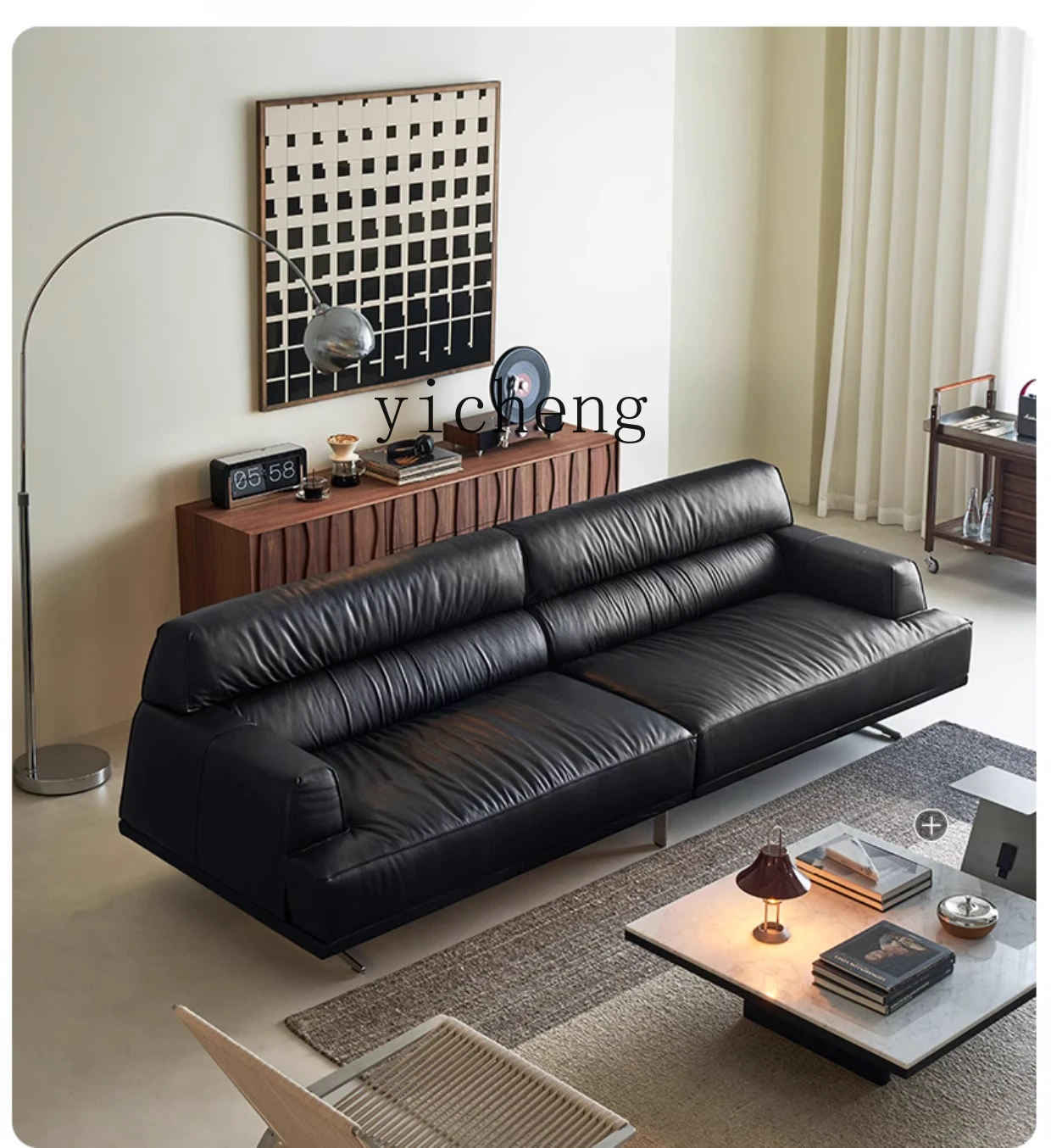 

TQQ sofa full leather Italian minimalist black straight row high backrest three-person living room
