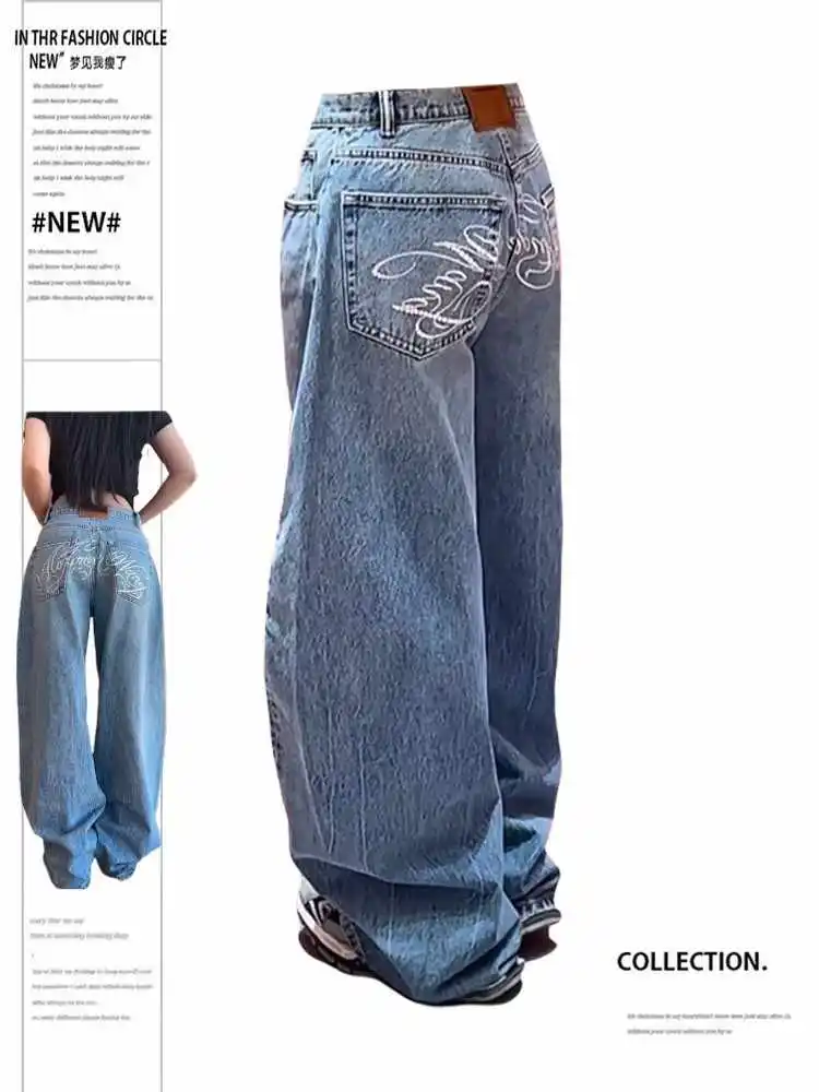 

Осень-зима 2022, женские винтажные джинсовые брюки с низкой посадкой и вышивкой, мешковатые джинсы Y2K, Harajuku, ковбойские японские, корейские, высокое качество