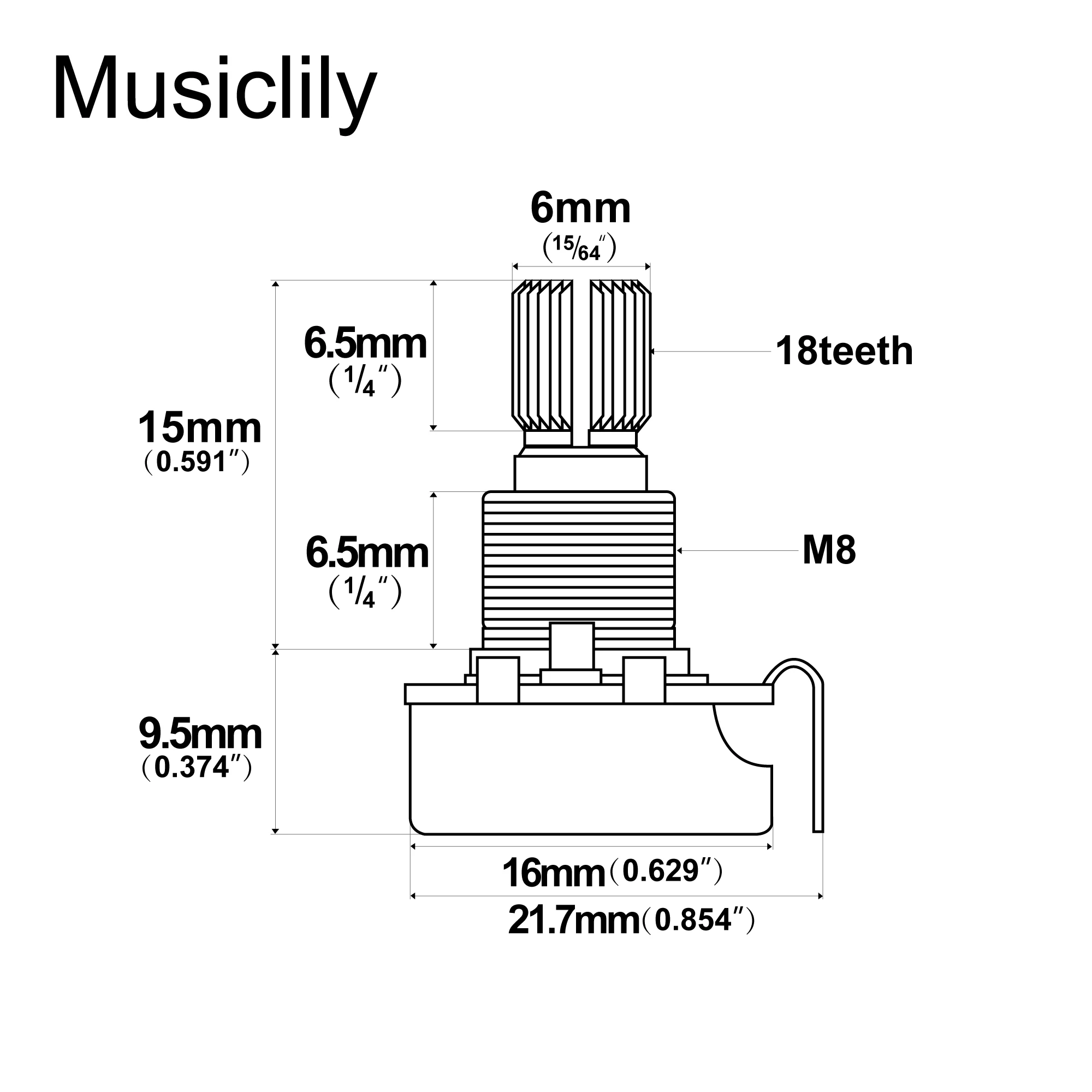 Musiclily A250K/B250K/A500K/B500K Mini Metric Coarse 18-Spline Split Short Shaft Potentiometers for Guitar Bass (Set of 2)