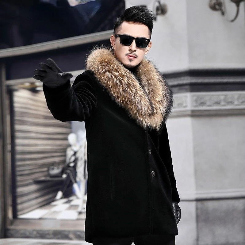 Men Winter Faux Fur Collar Coat Oversize Casual Long Thick Warm Overcoat Fake Fur Button Up Top Boys Outerwear Windbreaker Xxxl