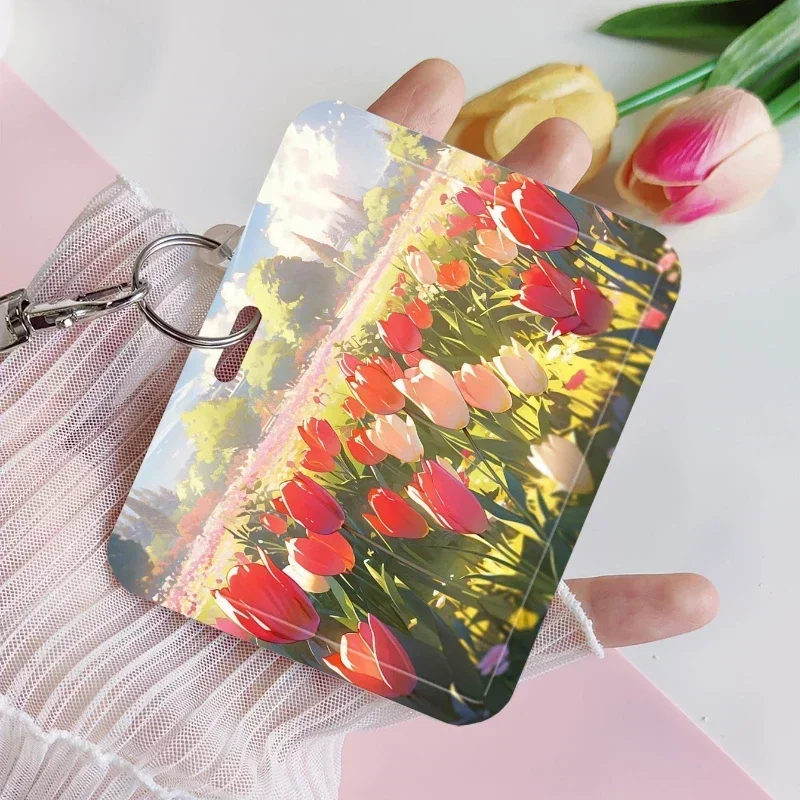 Tulip Garden Oil Painting Pattern Card Holder Suitable for Bank Identity Bus ID Card Sleeve Case Colorful Card Storage Photo Bag