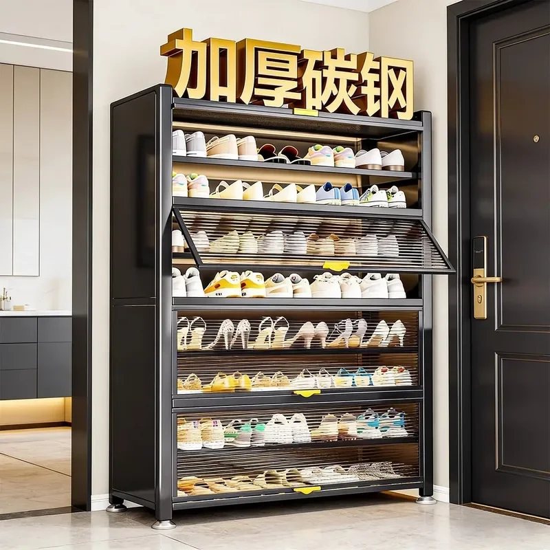 for Steel Shoe Cabinet Integrated Multi Layer Storage Against Wall Home Door Large Capacity Floor to Ceiling Dust Proof Rack